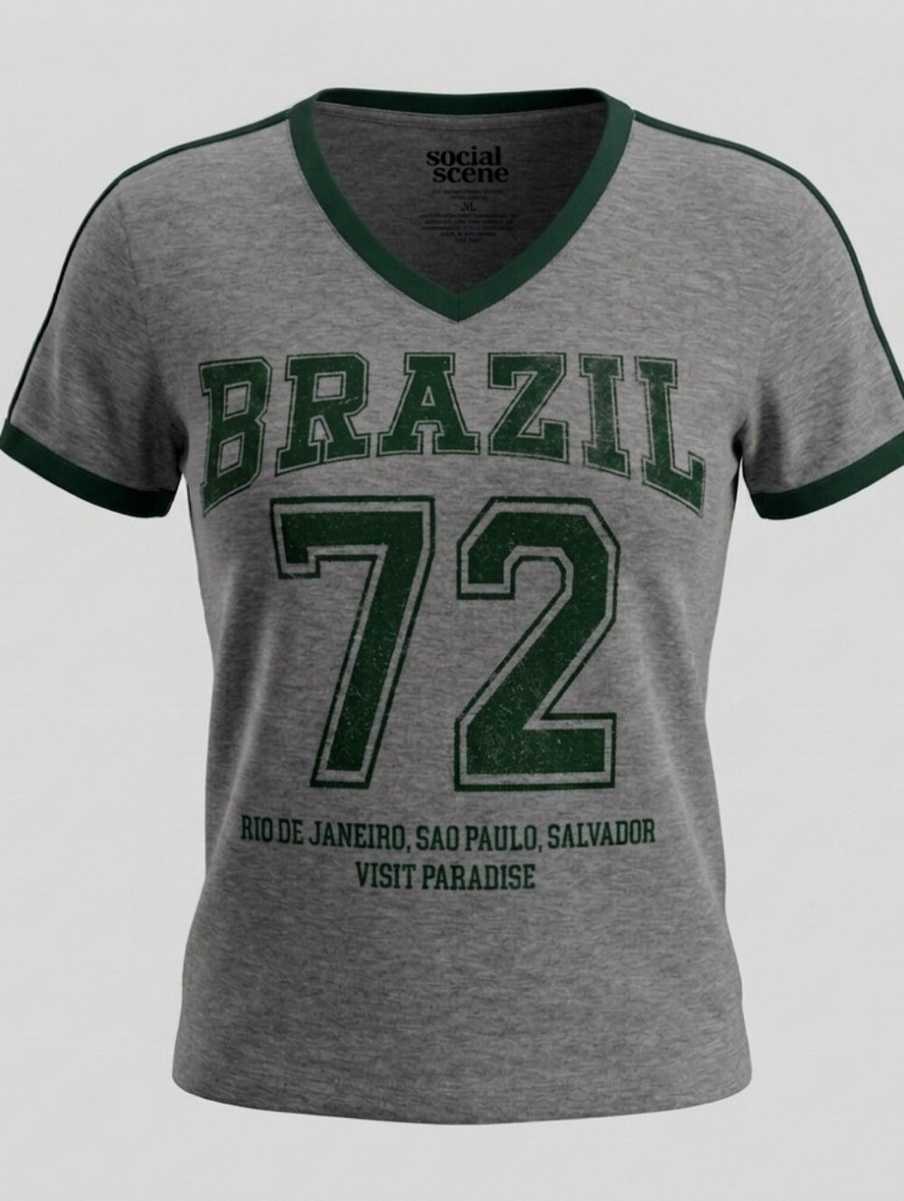 Social Scene Heather Grey V-Neck Tee with Green Trim